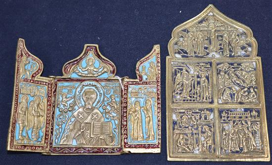 A 19th century Russian brass and enamel triptych icon and a similar arched icon (2)